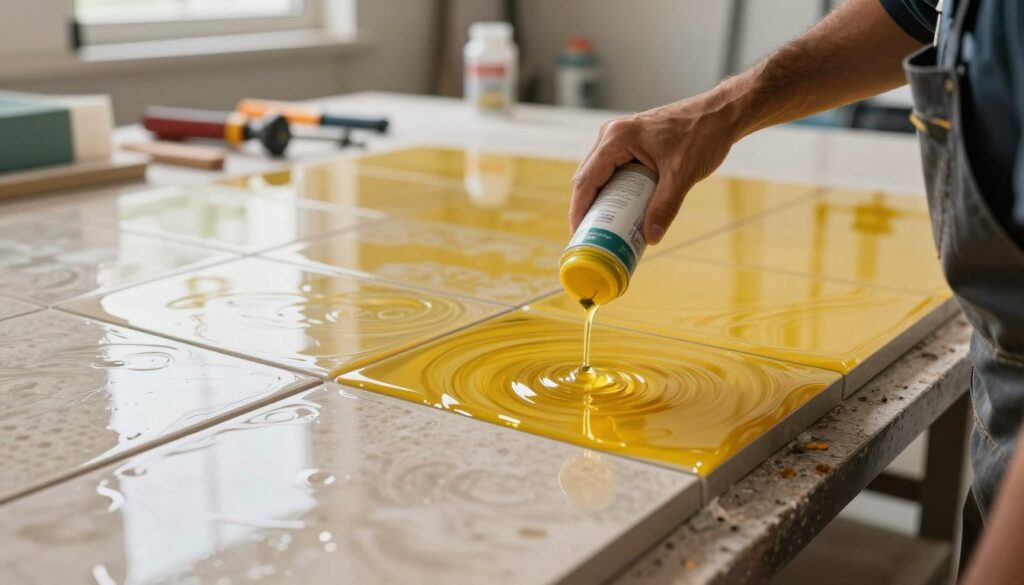 A close-up view of polyurethane resin being applied to textured ceramic tiles, showcasing a skilled craftsmanship process. The foreground features a worker in professional attire, focused on pouring the vibrant, glossy resin onto the tiles, highlighting the intricate swirls and reflections. In the middle ground, the completed sections of the tiled floor shine with a wet, reflective surface, demonstrating the seamless integration of the resin. The background includes a soft-lit workshop environment with tools and materials subtly blurred, creating a sense of depth. The overall atmosphere is industrial yet sophisticated, emphasizing a modern approach to flooring solutions with warm lighting that enhances the clarity and sheen of the resin. A close-up view of polyurethane resin being applied to textured ceramic tiles, showcasing a skilled craftsmanship process. The foreground features a worker in professional attire, focused on pouring the vibrant, glossy resin onto the tiles, highlighting the intricate swirls and reflections. In the middle ground, the completed sections of the tiled floor shine with a wet, reflective surface, demonstrating the seamless integration of the resin. The background includes a soft-lit workshop environment with tools and materials subtly blurred, creating a sense of depth. The overall atmosphere is industrial yet sophisticated, emphasizing a modern approach to flooring solutions with warm lighting that enhances the clarity and sheen of the resin.
