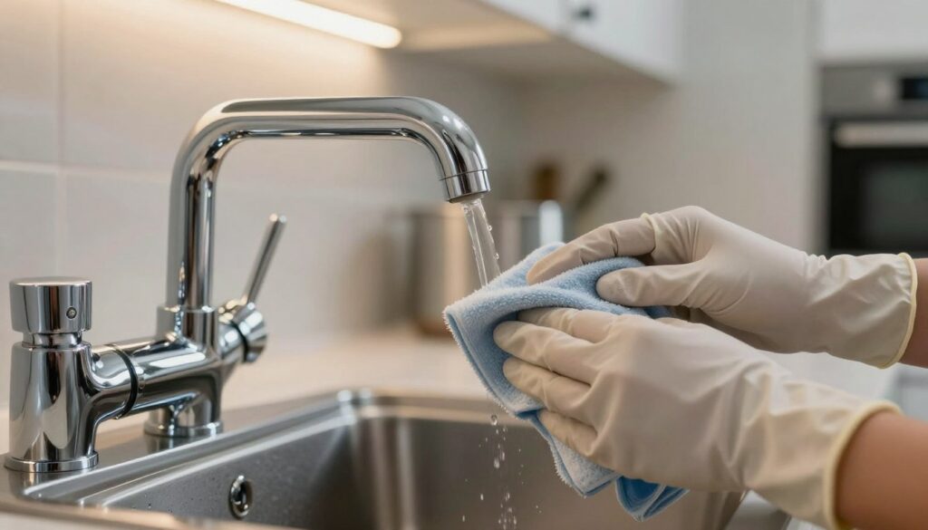 A close-up view of shiny chrome elements, such as car parts and kitchen appliances, vividly reflecting their lustrous surfaces. The foreground features a pair of hands wearing latex gloves, gently applying a cleaning solution with a soft cloth to a chrome faucet. In the middle, a sparkling chrome surface shows intricate details and reflections of light, demonstrating the effectiveness of home cleaning methods. The background includes a softly blurred kitchen or garage setting, with warm overhead lighting creating an inviting atmosphere. The image captures a sense of care and attention to detail, highlighting the beauty and maintenance of chrome finishes. A close-up view of shiny chrome elements, such as car parts and kitchen appliances, vividly reflecting their lustrous surfaces. The foreground features a pair of hands wearing latex gloves, gently applying a cleaning solution with a soft cloth to a chrome faucet. In the middle, a sparkling chrome surface shows intricate details and reflections of light, demonstrating the effectiveness of home cleaning methods. The background includes a softly blurred kitchen or garage setting, with warm overhead lighting creating an inviting atmosphere. The image captures a sense of care and attention to detail, highlighting the beauty and maintenance of chrome finishes.