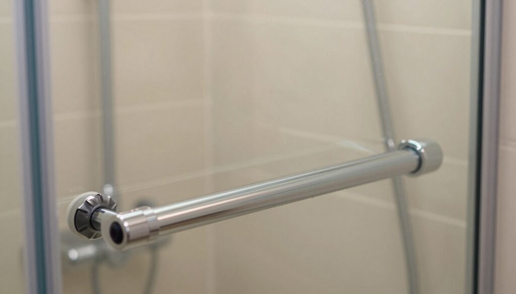 A close-up view of shower cabin rollers and guides, showcasing their intricate details and functionality. The foreground features shiny metal rollers with smooth, gliding mechanisms and durable plastic guides, all set against a backdrop of a modern, sleek shower enclosure. The middle layer includes the textured glass panels of the shower, reflecting soft, ambient bathroom lighting that creates a gentle, inviting atmosphere. A hint of water droplets can be seen on the glass surfaces, suggesting cleanliness and freshness. The composition is shot at eye level to highlight the engineering of the components, with a focus on the smooth action of the rollers. The overall mood is fresh, clean, and functional, emphasizing maintenance and efficiency in shower use. A close-up view of shower cabin rollers and guides, showcasing their intricate details and functionality. The foreground features shiny metal rollers with smooth, gliding mechanisms and durable plastic guides, all set against a backdrop of a modern, sleek shower enclosure. The middle layer includes the textured glass panels of the shower, reflecting soft, ambient bathroom lighting that creates a gentle, inviting atmosphere. A hint of water droplets can be seen on the glass surfaces, suggesting cleanliness and freshness. The composition is shot at eye level to highlight the engineering of the components, with a focus on the smooth action of the rollers. The overall mood is fresh, clean, and functional, emphasizing maintenance and efficiency in shower use.