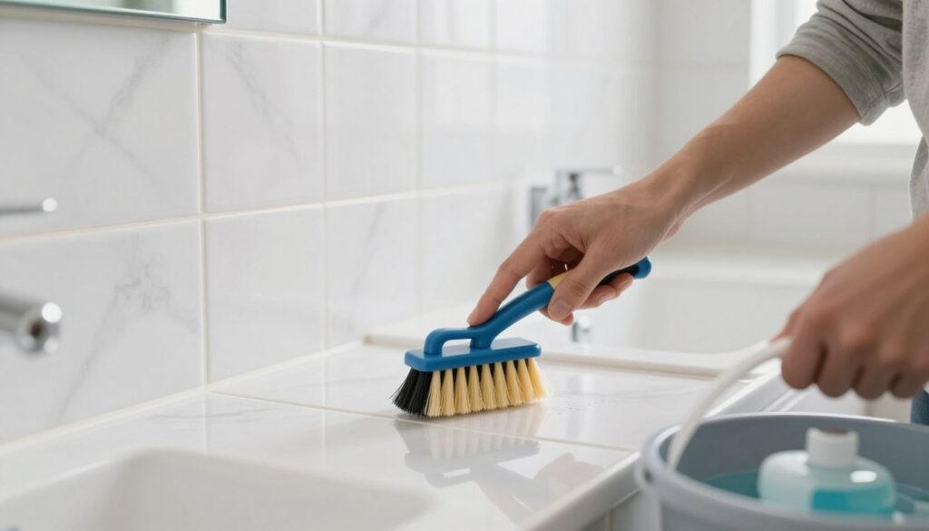 A close-up view of sparkling clean tile grout being scrubbed with a brush. In the foreground, an individual wearing modest casual clothing is focused on the task, holding a brush in one hand and a bucket of cleaning solution in the other. The middle ground features freshly cleaned bathroom tiles, showcasing a glossy finish without streaks. In the background, soft, diffuse lighting brightens the scene, illuminating the fresh, white marble tiles and highlighting the contrast between the tiles and the pristine grout lines. The atmosphere is calm and inviting, suggesting a clean and hygienic space, perfect for a bathroom setting. A close-up view of sparkling clean tile grout being scrubbed with a brush. In the foreground, an individual wearing modest casual clothing is focused on the task, holding a brush in one hand and a bucket of cleaning solution in the other. The middle ground features freshly cleaned bathroom tiles, showcasing a glossy finish without streaks. In the background, soft, diffuse lighting brightens the scene, illuminating the fresh, white marble tiles and highlighting the contrast between the tiles and the pristine grout lines. The atmosphere is calm and inviting, suggesting a clean and hygienic space, perfect for a bathroom setting.