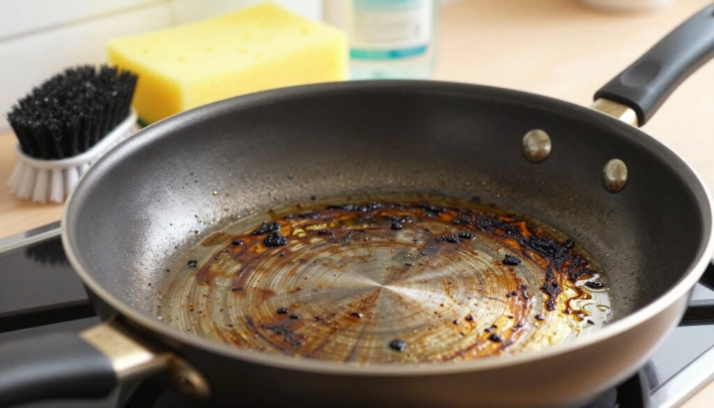 A close-up view of the bottom of a frying pan, focusing on stubborn burnt residues and greasy stains. The pan features a shiny, reflective surface, showcasing various shades of black and brown burnt marks. Surrounding the pan are cleaning tools such as a scrubbing brush, a sponge, and a bottle of dish soap, placed in an organized manner. The background is softly blurred, suggesting a kitchen environment with warm lighting that creates an inviting atmosphere. The angle is slightly tilted to emphasize the texture of the pan's surface and the cleaning supplies, while allowing the viewer to feel the urgency and practicality of the cleaning process. No text or distractions present, only a clean, focused image. A close-up view of the bottom of a frying pan, focusing on stubborn burnt residues and greasy stains. The pan features a shiny, reflective surface, showcasing various shades of black and brown burnt marks. Surrounding the pan are cleaning tools such as a scrubbing brush, a sponge, and a bottle of dish soap, placed in an organized manner. The background is softly blurred, suggesting a kitchen environment with warm lighting that creates an inviting atmosphere. The angle is slightly tilted to emphasize the texture of the pan's surface and the cleaning supplies, while allowing the viewer to feel the urgency and practicality of the cleaning process. No text or distractions present, only a clean, focused image.