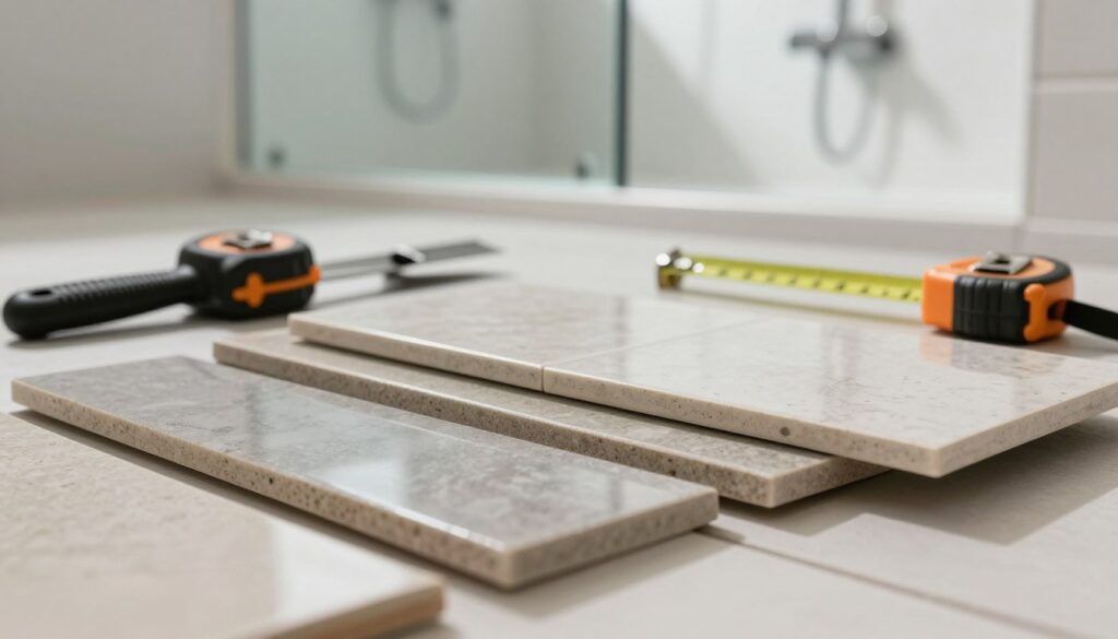 A close-up view of varying thicknesses of tile layers, showcasing the detailed texture and finish of ceramic tiles designed for a shower floor. In the foreground, display multiple samples of tiles with distinct thicknesses, arranged neatly on a clean surface. The middle ground should include tools like a tile cutter and measuring tape, emphasizing precision in installation. In the background, softly blurred, suggest a modern shower space with sleek fixtures and a minimalistic aesthetic, illuminated by natural light filtering through frosted glass. The overall mood is professional and informative, emphasizing quality craftsmanship and attention to detail in home improvement projects. A close-up view of varying thicknesses of tile layers, showcasing the detailed texture and finish of ceramic tiles designed for a shower floor. In the foreground, display multiple samples of tiles with distinct thicknesses, arranged neatly on a clean surface. The middle ground should include tools like a tile cutter and measuring tape, emphasizing precision in installation. In the background, softly blurred, suggest a modern shower space with sleek fixtures and a minimalistic aesthetic, illuminated by natural light filtering through frosted glass. The overall mood is professional and informative, emphasizing quality craftsmanship and attention to detail in home improvement projects.