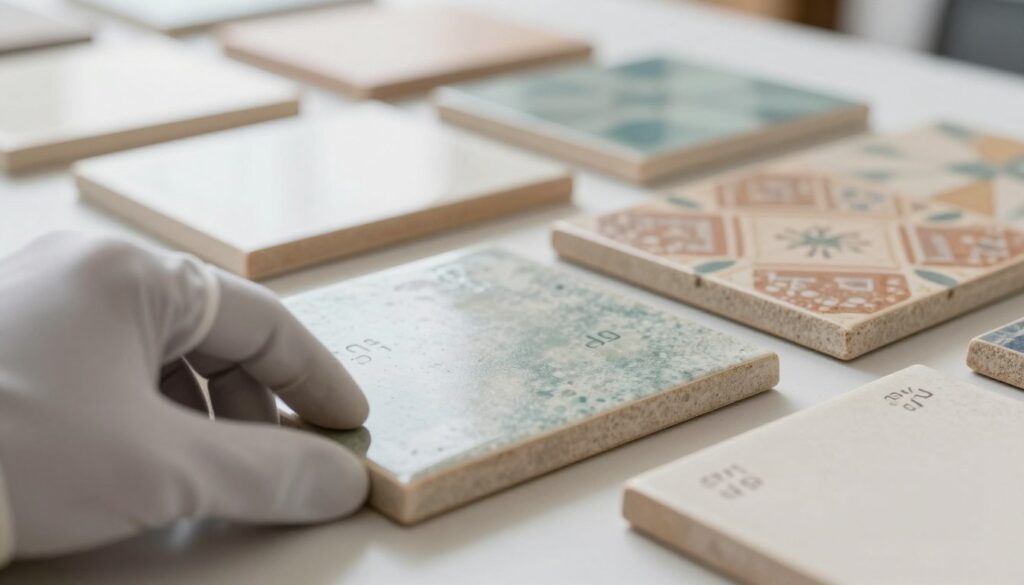 A close-up, well-lit image of various ceramic tiles laid out on a clean, smooth surface. The focus should be on the underside of the tiles, showcasing the manufacturer’s markings and identification codes. The foreground features a hand gently examining the tiles, wearing a professional glove, ensuring a sterile approach. In the middle, the surface displays an assortment of tiles in different colors and patterns, highlighting the details and texture of their undersides. Soft, diffused natural lighting creates a bright, inviting atmosphere, while a shallow depth of field gently blurs the background, emphasizing the intricate markings on the tiles. The mood is professional and educational, perfect for illustrating technical aspects of tile recognition. A close-up, well-lit image of various ceramic tiles laid out on a clean, smooth surface. The focus should be on the underside of the tiles, showcasing the manufacturer’s markings and identification codes. The foreground features a hand gently examining the tiles, wearing a professional glove, ensuring a sterile approach. In the middle, the surface displays an assortment of tiles in different colors and patterns, highlighting the details and texture of their undersides. Soft, diffused natural lighting creates a bright, inviting atmosphere, while a shallow depth of field gently blurs the background, emphasizing the intricate markings on the tiles. The mood is professional and educational, perfect for illustrating technical aspects of tile recognition.