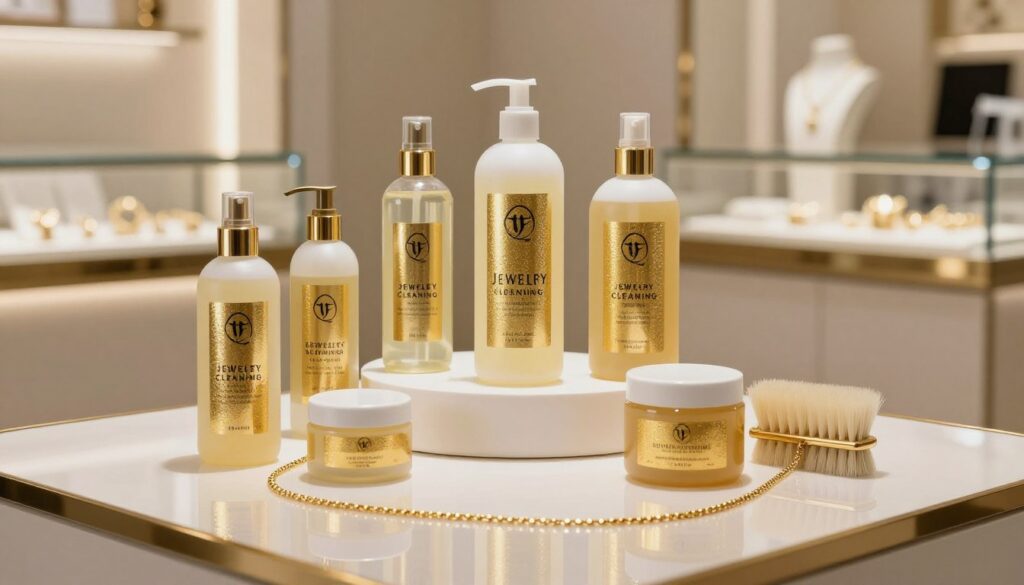A collection of professional gold cleaning products elegantly displayed on a reflective surface, including bottles, jars, and brushes, all showcasing their shimmering labels. In the foreground, a polished gold necklace gleams with its renewed brilliance, hinting at the effectiveness of the products. The middle layer features a stylish, modern workspace with soft, diffused lighting that highlights the items and casts gentle shadows. In the background, a blurred view of a sophisticated jewelry store adds context, complete with elegant displays and a warm ambiance. The atmosphere conveys professionalism, trust, and elegance, inviting viewers to explore the world of jewelry care. The image is crisp, detailed, and well-composed, perfect for illustrating the topic of professional jewelry cleaning solutions. A collection of professional gold cleaning products elegantly displayed on a reflective surface, including bottles, jars, and brushes, all showcasing their shimmering labels. In the foreground, a polished gold necklace gleams with its renewed brilliance, hinting at the effectiveness of the products. The middle layer features a stylish, modern workspace with soft, diffused lighting that highlights the items and casts gentle shadows. In the background, a blurred view of a sophisticated jewelry store adds context, complete with elegant displays and a warm ambiance. The atmosphere conveys professionalism, trust, and elegance, inviting viewers to explore the world of jewelry care. The image is crisp, detailed, and well-composed, perfect for illustrating the topic of professional jewelry cleaning solutions.