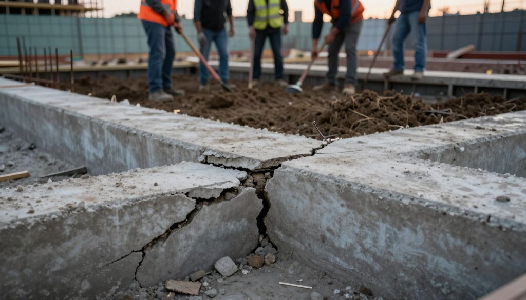 A construction site focusing on common foundation errors, featuring a detailed view of foundation cracks and improper soil compaction. In the foreground, show a close-up of a cracked concrete base with clear signs of instability, highlighting elements like uneven surfaces and shifting soil. The middle ground depicts workers in professional attire inspecting the foundation, using tools for assessment. The background features a partially built fence with visible signs of poorly executed reinforcement like bent rebar and inadequate support structures. The lighting is natural but slightly dim, simulating early evening, creating a serious and educational atmosphere, with a depth-of-field effect focusing on the foreground while softly blurring the background. A construction site focusing on common foundation errors, featuring a detailed view of foundation cracks and improper soil compaction. In the foreground, show a close-up of a cracked concrete base with clear signs of instability, highlighting elements like uneven surfaces and shifting soil. The middle ground depicts workers in professional attire inspecting the foundation, using tools for assessment. The background features a partially built fence with visible signs of poorly executed reinforcement like bent rebar and inadequate support structures. The lighting is natural but slightly dim, simulating early evening, creating a serious and educational atmosphere, with a depth-of-field effect focusing on the foreground while softly blurring the background.