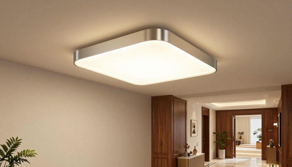 A contemporary ceiling lamp designed for an entrance hallway, featuring a sleek, minimalistic style with warm white LED lighting. In the foreground, the lamp has a geometric shape with a brushed metal finish, casting a soft glow onto a textured wall. The middle ground showcases a well-decorated hallway with elegant wooden panels and a stylish console table adorned with small decorative items. In the background, a welcoming entrance with a warm color palette and light-colored flooring, bathed in inviting light. The ambiance should feel cozy and bright, highlighting the importance of ceiling lamps in creating a pleasant atmosphere. Shot from a slightly lower angle to emphasize the lamp’s design and lighting effect. A contemporary ceiling lamp designed for an entrance hallway, featuring a sleek, minimalistic style with warm white LED lighting. In the foreground, the lamp has a geometric shape with a brushed metal finish, casting a soft glow onto a textured wall. The middle ground showcases a well-decorated hallway with elegant wooden panels and a stylish console table adorned with small decorative items. In the background, a welcoming entrance with a warm color palette and light-colored flooring, bathed in inviting light. The ambiance should feel cozy and bright, highlighting the importance of ceiling lamps in creating a pleasant atmosphere. Shot from a slightly lower angle to emphasize the lamp’s design and lighting effect.