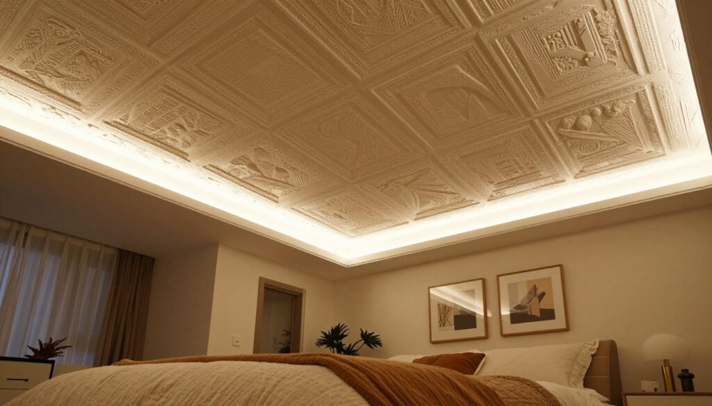 A cozy and inviting bedroom interior featuring a unique ceiling design made of gypsum board, showcasing intricate geometric patterns. The foreground includes soft, plush bedding with warm tones and a stylish bedside table. In the middle ground, the highlight is the ceiling with modern LED ambient lighting, emphasizing the textures and shapes created by the gypsum boards. The background reveals a softly painted wall and tasteful decor, including framed artwork and plants, enhancing the homely atmosphere. The scene is illuminated with soft, diffused lighting, creating a peaceful and serene mood. Capture this from a slightly elevated angle to emphasize the ceiling's design and the overall elegance of the space. A cozy and inviting bedroom interior featuring a unique ceiling design made of gypsum board, showcasing intricate geometric patterns. The foreground includes soft, plush bedding with warm tones and a stylish bedside table. In the middle ground, the highlight is the ceiling with modern LED ambient lighting, emphasizing the textures and shapes created by the gypsum boards. The background reveals a softly painted wall and tasteful decor, including framed artwork and plants, enhancing the homely atmosphere. The scene is illuminated with soft, diffused lighting, creating a peaceful and serene mood. Capture this from a slightly elevated angle to emphasize the ceiling's design and the overall elegance of the space.