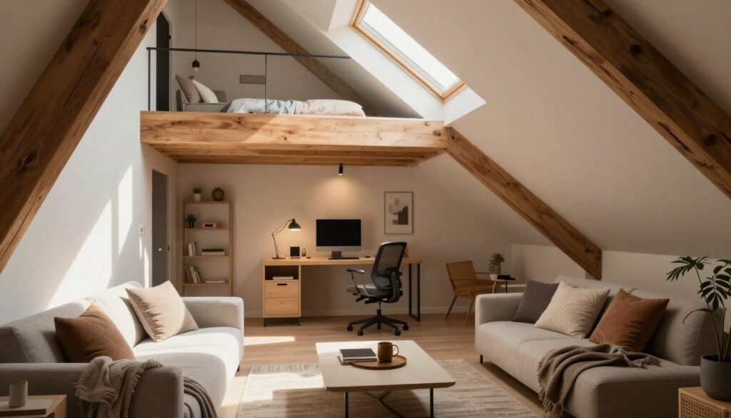 A cozy and modern loft space with an elegantly designed antresola (mezzanine) situated in a stylish attic. The foreground features comfortable seating arrangements with plush cushions and soft throws, arranged around a minimalistic coffee table. The middle showcases the antresola, creatively used as a workspace, featuring a chic desk, ergonomic chair, and inspiring decor. Soft, natural light floods the space through a large skylight, casting warm shadows that enhance the inviting atmosphere. The background reveals slanted wooden beams and subtle architectural details, creating a sense of height and openness. The overall mood is serene and functional, ideal for smart living in a compact environment, highlighting the clever use of space in an attic setting. A cozy and modern loft space with an elegantly designed antresola (mezzanine) situated in a stylish attic. The foreground features comfortable seating arrangements with plush cushions and soft throws, arranged around a minimalistic coffee table. The middle showcases the antresola, creatively used as a workspace, featuring a chic desk, ergonomic chair, and inspiring decor. Soft, natural light floods the space through a large skylight, casting warm shadows that enhance the inviting atmosphere. The background reveals slanted wooden beams and subtle architectural details, creating a sense of height and openness. The overall mood is serene and functional, ideal for smart living in a compact environment, highlighting the clever use of space in an attic setting.
