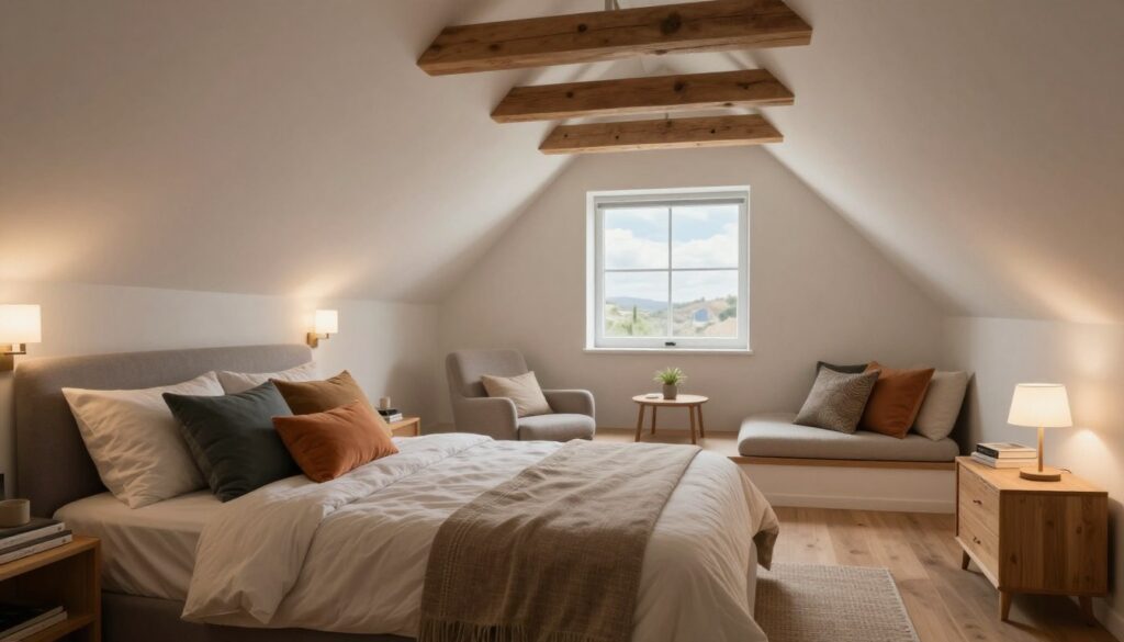 A cozy attic bedroom with a carefully arranged sleeping area and a relaxing lounge space. In the foreground, a stylish bed with neutral-toned linens and colorful accent pillows sits underneath a sloped ceiling, surrounded by soft, ambient lighting from wall sconces. A small wooden nightstand holds a stack of books and a minimalist lamp, creating a serene atmosphere. In the middle, a cozy reading nook with an armchair and a small side table is positioned by a window, showcasing views of the sky. The background features exposed wooden beams and light, airy decor that enhances the space's charm. The overall mood is tranquil and inviting, perfect for relaxation and rest. A cozy attic bedroom with a carefully arranged sleeping area and a relaxing lounge space. In the foreground, a stylish bed with neutral-toned linens and colorful accent pillows sits underneath a sloped ceiling, surrounded by soft, ambient lighting from wall sconces. A small wooden nightstand holds a stack of books and a minimalist lamp, creating a serene atmosphere. In the middle, a cozy reading nook with an armchair and a small side table is positioned by a window, showcasing views of the sky. The background features exposed wooden beams and light, airy decor that enhances the space's charm. The overall mood is tranquil and inviting, perfect for relaxation and rest.