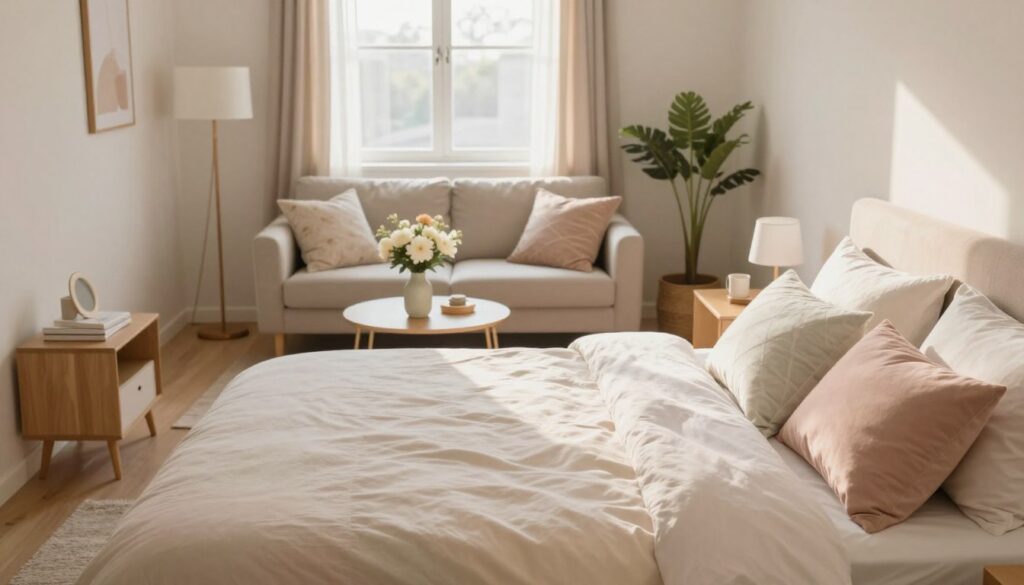 A cozy bedroom and an inviting living room, neatly organized to showcase a quick and efficient cleaning process. In the foreground, a neatly made bed with fresh, pastel-colored linens and plush pillows, a small bedside table adorned with a minimalist lamp and a book. In the middle, a tidy living room featuring a soft, light-colored sofa with decorative cushions and a stylish coffee table holding a vase with fresh flowers. The background reveals a window bathed in warm, natural light, illuminating the space and creating a cheerful atmosphere. Soft shadows add depth, while a wide-angle view captures the harmony between the two rooms. The overall mood feels refreshing, organized, and welcoming, perfect for a last-minute guest visit. A cozy bedroom and an inviting living room, neatly organized to showcase a quick and efficient cleaning process. In the foreground, a neatly made bed with fresh, pastel-colored linens and plush pillows, a small bedside table adorned with a minimalist lamp and a book. In the middle, a tidy living room featuring a soft, light-colored sofa with decorative cushions and a stylish coffee table holding a vase with fresh flowers. The background reveals a window bathed in warm, natural light, illuminating the space and creating a cheerful atmosphere. Soft shadows add depth, while a wide-angle view captures the harmony between the two rooms. The overall mood feels refreshing, organized, and welcoming, perfect for a last-minute guest visit.
