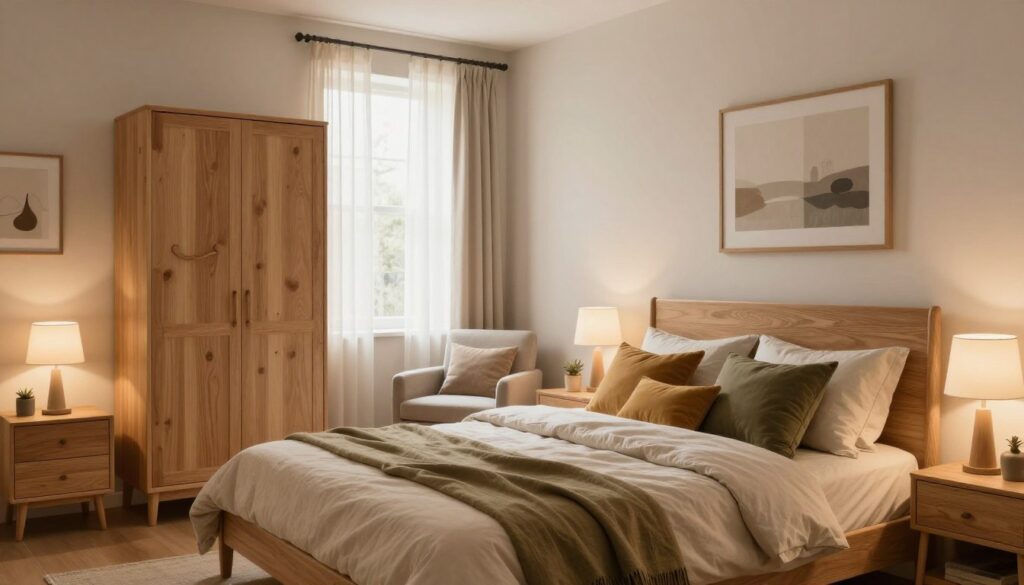 A cozy bedroom designed in the Sonoma oak style, featuring light wooden furniture with a warm, natural finish. In the foreground, a neatly made bed with soft, beige linens and accent pillows in earthy tones of olive green and warm mustard. On either side of the bed, stylish nightstands showcase minimalist lamps with soft, ambient lighting. The middle ground includes a charming wooden wardrobe and a comfortable armchair by a softly illuminated window, dressed with sheer curtains allowing gentle sunlight to filter in. The background features light, neutral-colored walls that enhance the warm vibe, with tasteful artwork and subtle decorative elements that reflect a harmonious color palette. The overall atmosphere is serene and inviting, perfect for relaxation. A cozy bedroom designed in the Sonoma oak style, featuring light wooden furniture with a warm, natural finish. In the foreground, a neatly made bed with soft, beige linens and accent pillows in earthy tones of olive green and warm mustard. On either side of the bed, stylish nightstands showcase minimalist lamps with soft, ambient lighting. The middle ground includes a charming wooden wardrobe and a comfortable armchair by a softly illuminated window, dressed with sheer curtains allowing gentle sunlight to filter in. The background features light, neutral-colored walls that enhance the warm vibe, with tasteful artwork and subtle decorative elements that reflect a harmonious color palette. The overall atmosphere is serene and inviting, perfect for relaxation.