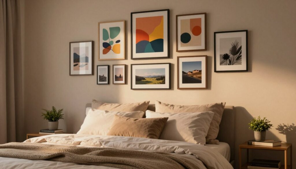 A cozy bedroom featuring a striking gallery wall above the bed, showcasing an array of colorful graphic prints and photographs in various frames. The foreground includes a soft, neatly made bed with fluffy pillows and a textured throw blanket, inviting relaxation. In the middle, the gallery wall includes a mix of abstract art, landscape photography, and personal snapshots, creatively arranged to emphasize personalization. The background reveals warm ambient lighting, with soft shadows creating an inviting atmosphere. A stylish nightstand holds a small potted plant and a book. The scene captures a serene and comforting mood, perfect for a cozy bedroom ambiance, viewed from a slightly angled perspective to highlight the artwork above the bed.