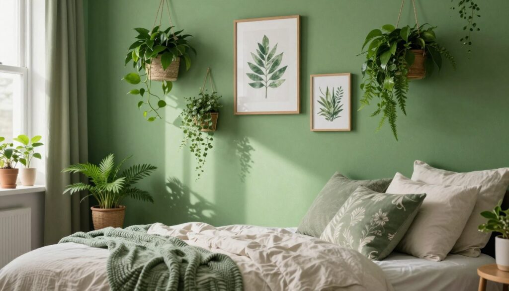 A cozy bedroom featuring a vibrant green wall, adorned with a variety of lush, hanging plants and framed botanical art. In the foreground, a neatly made bed with soft, neutral-colored linens and decorative pillows adds warmth. The middle ground showcases the green wall filled with cascading plants like pothos and ferns, creating a natural and serene atmosphere. In the background, soft natural light streams in through a window, casting gentle shadows that accentuate the texture of the wall and plants. The lens captures the scene at a slight angle to create depth, evoking a calming and inviting mood. This tranquil setting is perfect for relaxation and rejuvenation. A cozy bedroom featuring a vibrant green wall, adorned with a variety of lush, hanging plants and framed botanical art. In the foreground, a neatly made bed with soft, neutral-colored linens and decorative pillows adds warmth. The middle ground showcases the green wall filled with cascading plants like pothos and ferns, creating a natural and serene atmosphere. In the background, soft natural light streams in through a window, casting gentle shadows that accentuate the texture of the wall and plants. The lens captures the scene at a slight angle to create depth, evoking a calming and inviting mood. This tranquil setting is perfect for relaxation and rejuvenation.