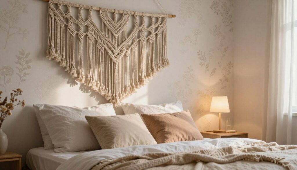 A cozy bedroom scene featuring an elegantly crafted macrame hanging above a neatly made bed. The macrame should showcase intricate patterns with natural fibers, cascading gently down to create a sense of warmth. The bed is adorned with fluffy, pillow-like cushions and a soft throw blanket in earthy tones, enhancing the boho style. In the background, a subtle floral wallpaper adds a touch of nature, while a softly glowing bedside lamp casts a warm light, creating an inviting atmosphere. The room is slightly angled for depth, with natural sunlight filtering through a window, illuminating the textures of the fabrics and macrame. The overall mood is serene and welcoming, perfect for a tranquil retreat.
