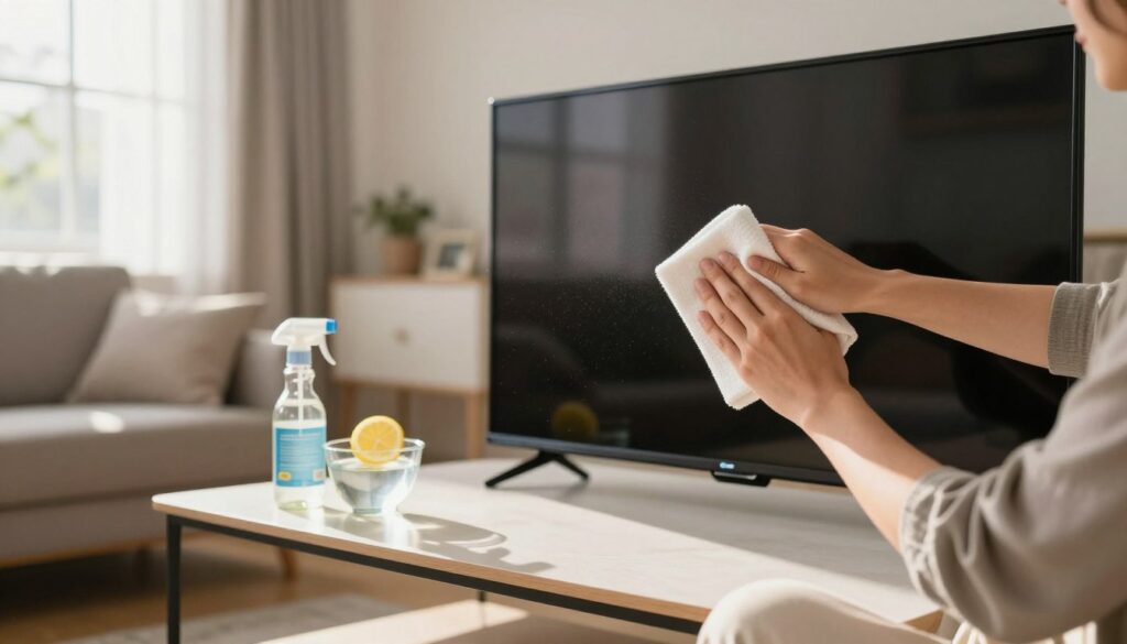 A cozy home setting with a modern living room showcasing a large flat-screen television. In the foreground, a person wearing smart casual clothing is gently cleaning the screen with a microfiber cloth, showcasing a focus on care and detail. The middle ground features a clean coffee table with homemade cleaning solutions like a spray bottle with a natural solution and a small bowl of distilled water with a lemon slice beside it, emphasizing domestic methods. Sunlight streams through a nearby window, casting a warm glow that highlights the dust particles in the air, creating a fresh and inviting atmosphere. The background has soft, blurred furniture, bringing attention to the cleaning process without distractions. The overall mood is calm and practical, reinforcing the theme of effective home cleaning techniques for electronics. A cozy home setting with a modern living room showcasing a large flat-screen television. In the foreground, a person wearing smart casual clothing is gently cleaning the screen with a microfiber cloth, showcasing a focus on care and detail. The middle ground features a clean coffee table with homemade cleaning solutions like a spray bottle with a natural solution and a small bowl of distilled water with a lemon slice beside it, emphasizing domestic methods. Sunlight streams through a nearby window, casting a warm glow that highlights the dust particles in the air, creating a fresh and inviting atmosphere. The background has soft, blurred furniture, bringing attention to the cleaning process without distractions. The overall mood is calm and practical, reinforcing the theme of effective home cleaning techniques for electronics.