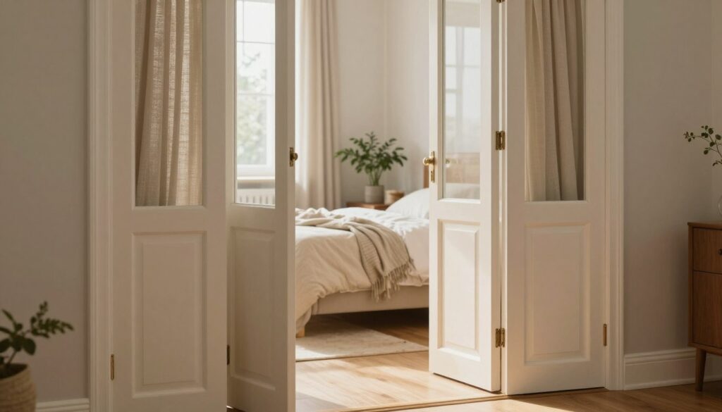 A cozy interior scene featuring elegant folding doors (drzwi harmonijkowe) leading into a serene bedroom space. In the foreground, show the stylishly designed doors partially open, revealing soft, inviting textiles and a neatly made bed. The middle ground captures the cozy bedroom ambiance, with light streaming in from a window, illuminating wooden floors and tasteful decor plants. In the background, suggest warmth and tranquility with delicate wall colors and minimalistic design elements. Use soft, natural lighting to create a peaceful atmosphere, evoking privacy and lightness. The angle should be slightly elevated, looking towards the doors to emphasize their space-saving design, perfect for a small interior. A cozy interior scene featuring elegant folding doors (drzwi harmonijkowe) leading into a serene bedroom space. In the foreground, show the stylishly designed doors partially open, revealing soft, inviting textiles and a neatly made bed. The middle ground captures the cozy bedroom ambiance, with light streaming in from a window, illuminating wooden floors and tasteful decor plants. In the background, suggest warmth and tranquility with delicate wall colors and minimalistic design elements. Use soft, natural lighting to create a peaceful atmosphere, evoking privacy and lightness. The angle should be slightly elevated, looking towards the doors to emphasize their space-saving design, perfect for a small interior.