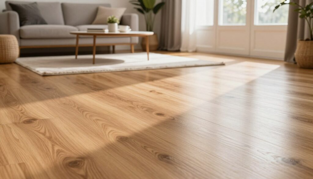A cozy interior scene showcasing elegant "panele podłogowe" flooring. In the foreground, a soft, well-lit area features a bright, clean, and shiny wooden floor, emphasizing its luster. Light reflects gently off the surface, showcasing the polished texture and rich color variations in the wood. In the middle ground, a stylishly arranged living space can be seen—a plush rug, contemporary furniture, and decorative houseplants, all contributing to a welcoming atmosphere. The background includes soft, diffused natural light streaming through large windows, casting playful shadows that enhance the sense of depth. The overall mood is warm and inviting, highlighting the beauty of clean surfaces and creating an ambiance that feels both fresh and homely. A cozy interior scene showcasing elegant "panele podłogowe" flooring. In the foreground, a soft, well-lit area features a bright, clean, and shiny wooden floor, emphasizing its luster. Light reflects gently off the surface, showcasing the polished texture and rich color variations in the wood. In the middle ground, a stylishly arranged living space can be seen—a plush rug, contemporary furniture, and decorative houseplants, all contributing to a welcoming atmosphere. The background includes soft, diffused natural light streaming through large windows, casting playful shadows that enhance the sense of depth. The overall mood is warm and inviting, highlighting the beauty of clean surfaces and creating an ambiance that feels both fresh and homely.