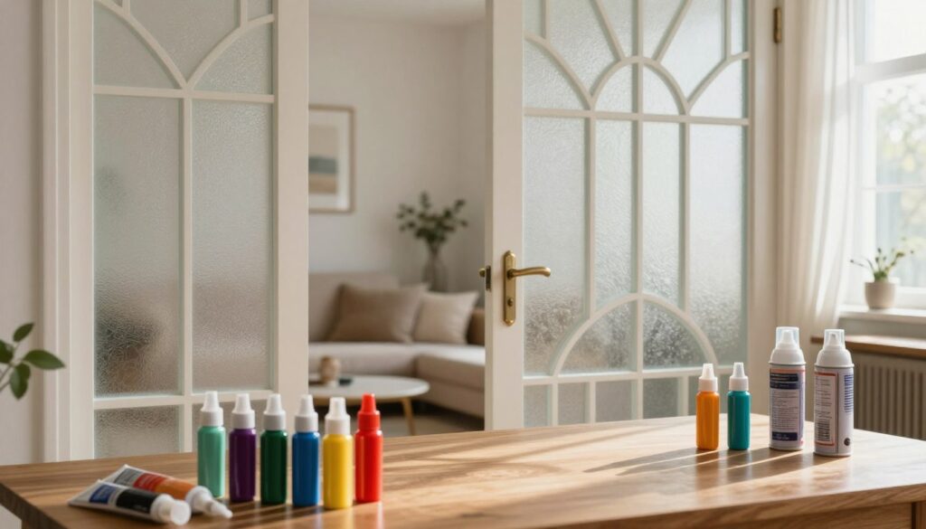 A cozy interior space featuring elegantly frosted glass door panels, showcasing a variety of glass paints and sprays arranged creatively on a wooden table. In the foreground, vibrant colors of glass paint tubes and spray cans reflect light, casting soft shadows. The middle ground reveals a partially frosted door with a beautiful, intricate geometric pattern, providing a glimpse of a serene living room with tasteful decor. The background includes soft, natural lighting filtering through a nearby window, creating a warm, inviting atmosphere perfect for a DIY project. The scene conveys a sense of transformation and aesthetic enhancement, highlighting the practicality and beauty of frosted glass for privacy. A cozy interior space featuring elegantly frosted glass door panels, showcasing a variety of glass paints and sprays arranged creatively on a wooden table. In the foreground, vibrant colors of glass paint tubes and spray cans reflect light, casting soft shadows. The middle ground reveals a partially frosted door with a beautiful, intricate geometric pattern, providing a glimpse of a serene living room with tasteful decor. The background includes soft, natural lighting filtering through a nearby window, creating a warm, inviting atmosphere perfect for a DIY project. The scene conveys a sense of transformation and aesthetic enhancement, highlighting the practicality and beauty of frosted glass for privacy.