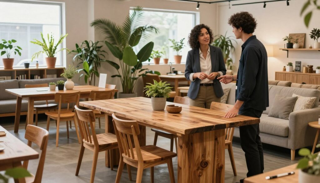A cozy, inviting furniture showroom featuring a variety of stylish, eco-friendly furniture pieces like wooden tables, chairs, and sofas. In the foreground, a person in professional attire is conversing with a customer, pointing out unique features of a reclaimed wood dining set. The middle ground showcases vibrant greenery and decorative elements that emphasize sustainability, while the background includes large windows allowing natural light to flood the space, enhancing the warm atmosphere. Soft, diffused lighting highlights the textures of the furniture and the richness of the wood grain. The overall mood is friendly and engaging, promoting the idea of selling and donating furniture as an environmentally conscious choice.