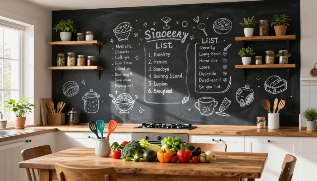 A cozy kitchen featuring a prominent chalkboard paint wall, complete with vibrant chalk drawings of recipes and grocery lists. In the foreground, a rustic wooden dining table with fresh produce and colorful kitchen utensils arranged neatly. The middle ground showcases the chalkboard wall, adorned with playful doodles and inspirational quotes, framed by wooden shelves filled with jars and plants. In the background, sunlight streams through a window, casting soft shadows and creating a warm atmosphere. The scene captures the practicality of chalkboard paint as a functional and decorative element, inviting creativity and warmth into the kitchen space. The overall mood is welcoming and cheerful, perfect for everyday family cooking.