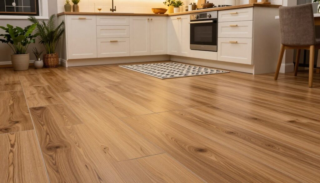 A cozy kitchen interior featuring an elegant solution for covering old floor tiles. In the foreground, a stylish vinyl plank flooring arrangement that mimics natural wood, seamlessly laid over dated tiles. In the middle, a well-organized kitchen space showcasing modern cabinetry, a chic area rug, and healthy potted plants adding a refreshing touch. In the background, warm ambient lighting creates a welcoming atmosphere, illuminating the rich textures of the flooring and the kitchen details. The angle is slightly elevated to capture the full layout of the kitchen while maintaining focus on the floor transformation. The mood is inviting and practical, embodying contemporary home design solutions. A cozy kitchen interior featuring an elegant solution for covering old floor tiles. In the foreground, a stylish vinyl plank flooring arrangement that mimics natural wood, seamlessly laid over dated tiles. In the middle, a well-organized kitchen space showcasing modern cabinetry, a chic area rug, and healthy potted plants adding a refreshing touch. In the background, warm ambient lighting creates a welcoming atmosphere, illuminating the rich textures of the flooring and the kitchen details. The angle is slightly elevated to capture the full layout of the kitchen while maintaining focus on the floor transformation. The mood is inviting and practical, embodying contemporary home design solutions.