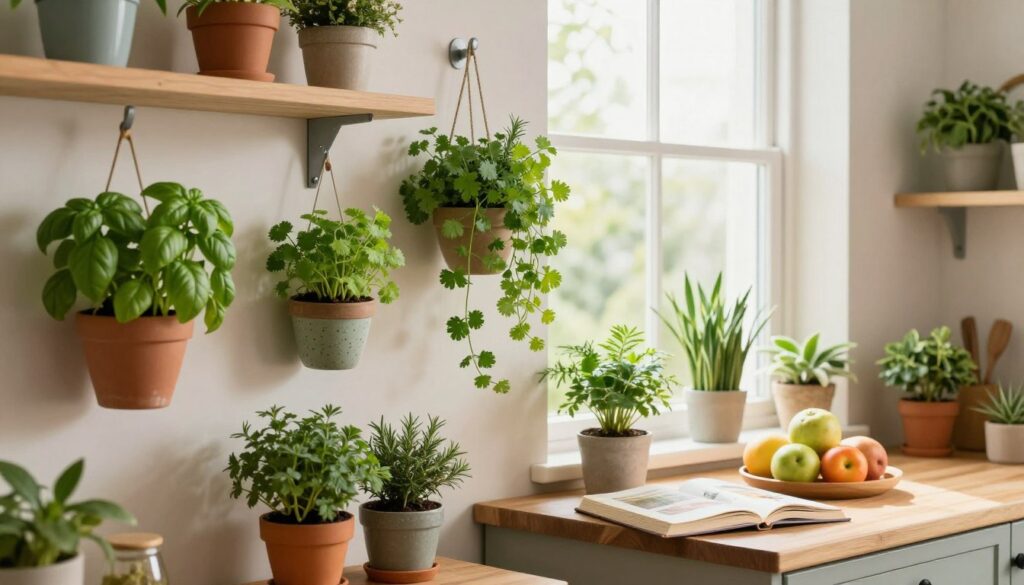A cozy kitchen scene featuring a vibrant array of indoor plants and herbs creatively arranged on the walls. In the foreground, charming pots with lush greenery such as basil, cilantro, and rosemary hang from sleek shelves, their vivid colors contrasting against soft, neutral wall tones. In the middle ground, a small wooden table is adorned with fresh fruits and an inviting cookbook, adding warmth to the space. The background reveals a sunlit window with sheer curtains, allowing natural light to filter through, enhancing the tranquil atmosphere. The overall mood is inviting and homey, perfect for a warm culinary environment, captured in a bright and airy style, with a focus on the textures and colors of the plants.