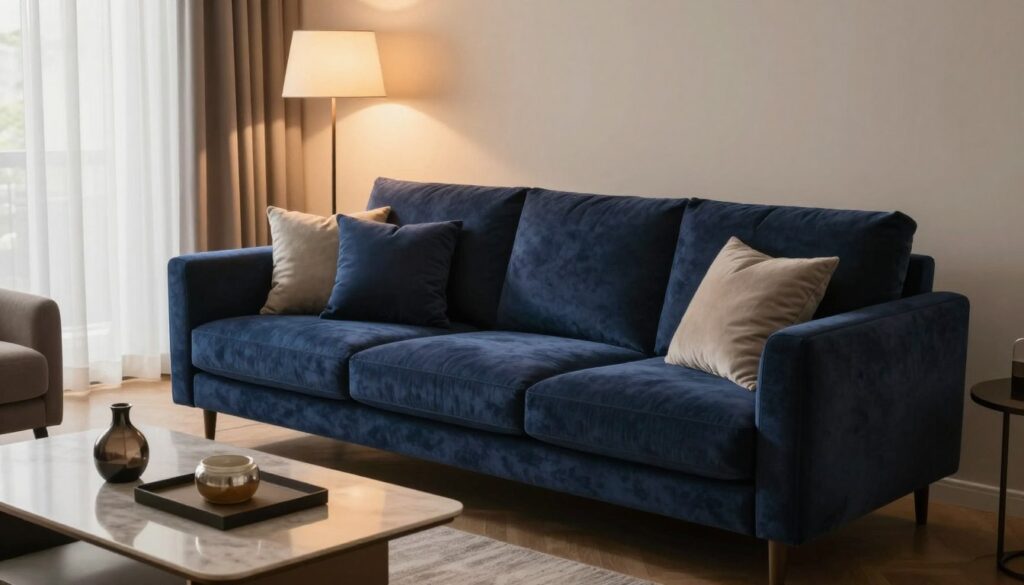 A cozy living room featuring a luxurious navy blue sofa as the focal point. In the foreground, a stylish coffee table adorned with decorative items, creating an inviting atmosphere. The middle ground shows the plush navy sofa, accented by elegant throw pillows in complementary colors. Soft, warm ambient light from a stylish floor lamp casts a gentle glow, highlighting the rich textures of the sofa and the room's color scheme. In the background, sheer curtains softly filtering natural light create a serene mood, enhancing the elegance of the space. The angle captures the room from a slightly elevated perspective, showcasing how the interplay of light and color influences the perception of the navy blue sofa within the sophisticated interior design. A cozy living room featuring a luxurious navy blue sofa as the focal point. In the foreground, a stylish coffee table adorned with decorative items, creating an inviting atmosphere. The middle ground shows the plush navy sofa, accented by elegant throw pillows in complementary colors. Soft, warm ambient light from a stylish floor lamp casts a gentle glow, highlighting the rich textures of the sofa and the room's color scheme. In the background, sheer curtains softly filtering natural light create a serene mood, enhancing the elegance of the space. The angle captures the room from a slightly elevated perspective, showcasing how the interplay of light and color influences the perception of the navy blue sofa within the sophisticated interior design.