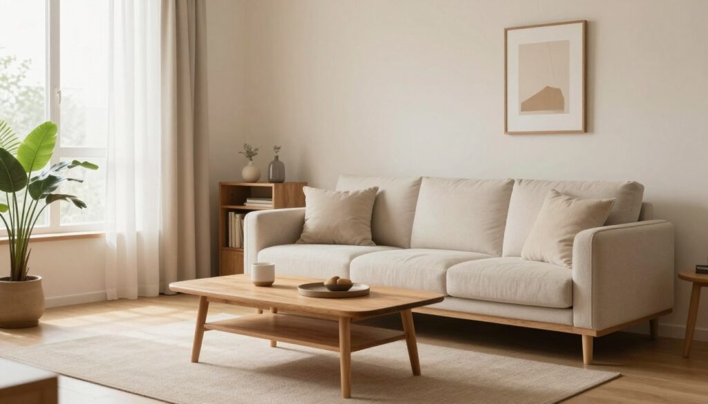 A cozy, minimalist living room designed for tranquility and order, featuring a light-colored sofa with simple, geometric cushions, a wooden coffee table with a few carefully chosen decorative items, and a large window allowing soft, natural light to flood in. In the foreground, a neatly arranged indoor plant adds a touch of greenery, while the middle ground showcases an open space with a calm, airy atmosphere. The background reveals subtle beige walls adorned with minimal artwork and a small bookshelf with curated books, emphasizing the theme of simplicity. The scene is captured from a slight angle, highlighting the spaciousness and comfort of the area. Warm, inviting lighting creates a serene mood, embodying the essence of minimalism as a foundation for order and peace in the home. A cozy, minimalist living room designed for tranquility and order, featuring a light-colored sofa with simple, geometric cushions, a wooden coffee table with a few carefully chosen decorative items, and a large window allowing soft, natural light to flood in. In the foreground, a neatly arranged indoor plant adds a touch of greenery, while the middle ground showcases an open space with a calm, airy atmosphere. The background reveals subtle beige walls adorned with minimal artwork and a small bookshelf with curated books, emphasizing the theme of simplicity. The scene is captured from a slight angle, highlighting the spaciousness and comfort of the area. Warm, inviting lighting creates a serene mood, embodying the essence of minimalism as a foundation for order and peace in the home.