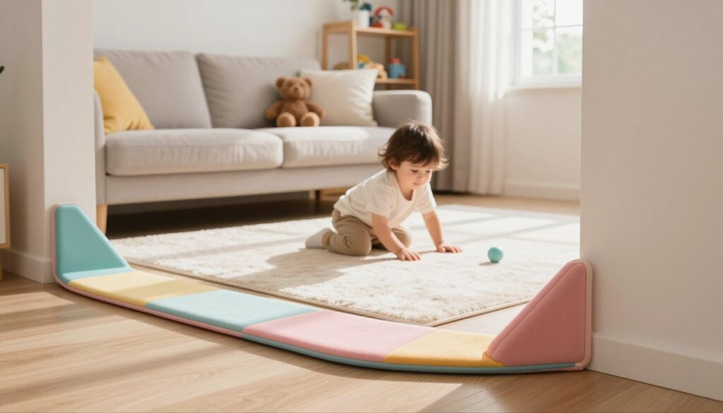 A cozy, modern living room featuring child-safe corner protectors on sharp wall edges. In the foreground, focus on a colorful corner protector made of soft, durable material, in a vibrant pastel color. The midground displays a small child playing on a plush rug, with a gentle expression of curiosity. The background includes a stylish sofa adorned with family-friendly cushions and a shelf with toys, emphasizing a child-friendly home environment. Warm, natural light streams through a window, casting soft shadows, creating an inviting and safe atmosphere. The overall mood is cheerful and reassuring, highlighting the importance of corner protection in homes with children and pets. A cozy, modern living room featuring child-safe corner protectors on sharp wall edges. In the foreground, focus on a colorful corner protector made of soft, durable material, in a vibrant pastel color. The midground displays a small child playing on a plush rug, with a gentle expression of curiosity. The background includes a stylish sofa adorned with family-friendly cushions and a shelf with toys, emphasizing a child-friendly home environment. Warm, natural light streams through a window, casting soft shadows, creating an inviting and safe atmosphere. The overall mood is cheerful and reassuring, highlighting the importance of corner protection in homes with children and pets.