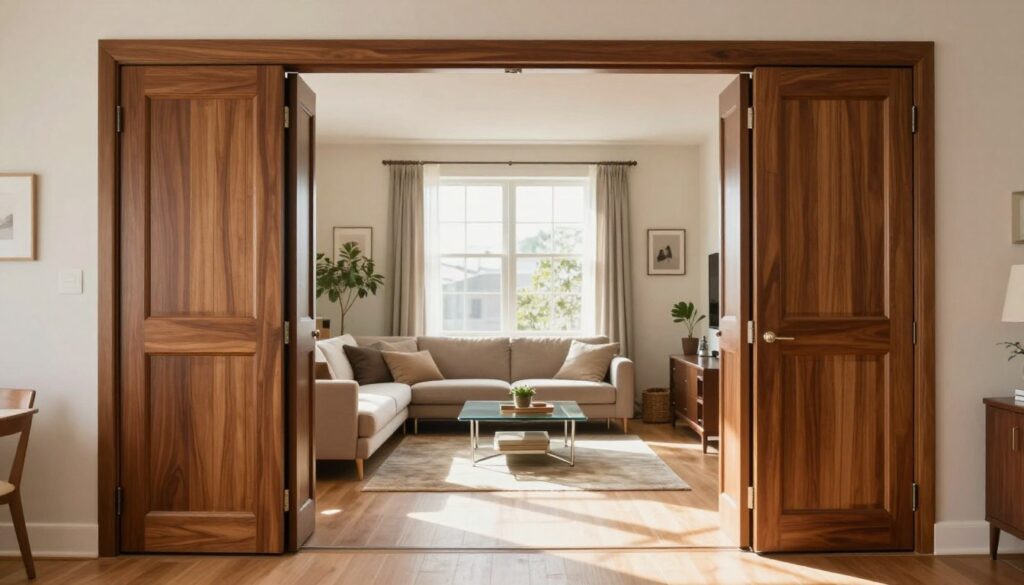 A cozy, modern living room featuring elegant harmonijkowe (accordion) doors that gracefully open to create an airy space. In the foreground, emphasize the sleek design of the doors with rich wood or a contemporary finish, showcasing their folding mechanism. In the middle, include stylish furniture like a small sectional sofa and a glass coffee table, arranged thoughtfully to invite conversation. The background should display a soft color palette with bright natural light streaming through a large window, casting gentle shadows across the room. Use a wide-angle perspective to capture the depth of the space, enhancing the inviting atmosphere. The mood is warm and inviting, perfect for a small apartment that feels open yet defined. A cozy, modern living room featuring elegant harmonijkowe (accordion) doors that gracefully open to create an airy space. In the foreground, emphasize the sleek design of the doors with rich wood or a contemporary finish, showcasing their folding mechanism. In the middle, include stylish furniture like a small sectional sofa and a glass coffee table, arranged thoughtfully to invite conversation. The background should display a soft color palette with bright natural light streaming through a large window, casting gentle shadows across the room. Use a wide-angle perspective to capture the depth of the space, enhancing the inviting atmosphere. The mood is warm and inviting, perfect for a small apartment that feels open yet defined.