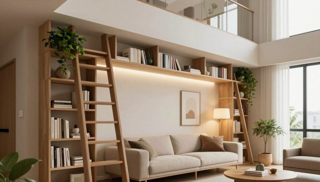 A cozy, modern living space underscoring efficient use of vertical storage under a high ceiling. In the foreground, a stylish ladder leads to cleverly designed shelves filled with books, plants, and decorative items, showcasing a "sufitem" concept. The middle ground features a comfortable sofa positioned beneath an ornate suspended shelf, subtly illuminated by soft, warm lighting from a pendant lamp. The background reveals a light-colored wall with minimalistic artwork and a large window allowing natural light to flood the room. The ambiance is inviting and serene, embodying a sense of order and smart design. Shot from a slightly elevated angle to capture the overall layout and vertical dynamics of the space. A cozy, modern living space underscoring efficient use of vertical storage under a high ceiling. In the foreground, a stylish ladder leads to cleverly designed shelves filled with books, plants, and decorative items, showcasing a "sufitem" concept. The middle ground features a comfortable sofa positioned beneath an ornate suspended shelf, subtly illuminated by soft, warm lighting from a pendant lamp. The background reveals a light-colored wall with minimalistic artwork and a large window allowing natural light to flood the room. The ambiance is inviting and serene, embodying a sense of order and smart design. Shot from a slightly elevated angle to capture the overall layout and vertical dynamics of the space.