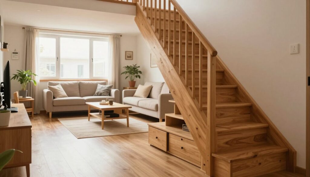 A cozy small apartment interior featuring clever storage solutions under a staircase. In the foreground, a stylish wooden staircase with storage drawers integrated beneath each step. The middle ground showcases a bright living room area that emphasizes space-saving furniture, like a compact sofa and a coffee table with hidden compartments. In the background, large windows allow soft, natural light to illuminate the room, creating a warm and inviting atmosphere. The walls are adorned with minimalistic decor, enhancing the sense of openness. The mood is organized and harmonious, demonstrating the effective use of vertical and horizontal space in small living environments. The angle is slightly elevated, providing a clear view of the staircase and the layout of the room for a visually appealing composition. A cozy small apartment interior featuring clever storage solutions under a staircase. In the foreground, a stylish wooden staircase with storage drawers integrated beneath each step. The middle ground showcases a bright living room area that emphasizes space-saving furniture, like a compact sofa and a coffee table with hidden compartments. In the background, large windows allow soft, natural light to illuminate the room, creating a warm and inviting atmosphere. The walls are adorned with minimalistic decor, enhancing the sense of openness. The mood is organized and harmonious, demonstrating the effective use of vertical and horizontal space in small living environments. The angle is slightly elevated, providing a clear view of the staircase and the layout of the room for a visually appealing composition.