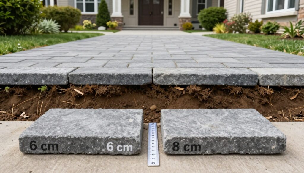 A cross-section of a driveway showcasing the impact of surface thickness on load-bearing capacity and durability. In the foreground, a clear view of two samples of paving stones, one 6 cm thick and the other 8 cm thick, arranged side by side with a ruler measuring their height. The middle section features a partially excavated soil layer beneath the pavement, illustrating the soil's relationship with the stone thickness. The background displays a well-maintained driveway leading up to a stylish home, with vibrant greenery on either side. Soft, natural daylight illuminates the scene, creating a realistic and inviting atmosphere. The composition should be from a slightly elevated angle, providing a comprehensive view of the differences in thickness and the overall context of driveway durability. A cross-section of a driveway showcasing the impact of surface thickness on load-bearing capacity and durability. In the foreground, a clear view of two samples of paving stones, one 6 cm thick and the other 8 cm thick, arranged side by side with a ruler measuring their height. The middle section features a partially excavated soil layer beneath the pavement, illustrating the soil's relationship with the stone thickness. The background displays a well-maintained driveway leading up to a stylish home, with vibrant greenery on either side. Soft, natural daylight illuminates the scene, creating a realistic and inviting atmosphere. The composition should be from a slightly elevated angle, providing a comprehensive view of the differences in thickness and the overall context of driveway durability.