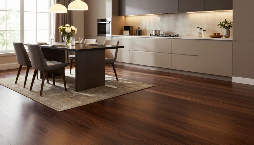 A dark wooden kitchen floor, polished to a rich shine, reflects the soft, warm light of overhead pendant lamps. In the foreground, a sleek, modern dining table with minimalistic design sits atop the floor, elegantly set with fine dinnerware and a floral centerpiece. The middle ground features kitchen cabinets with a contrasting light finish, enhancing the depth of the space. A stylish rug, subtly patterned, lies under the table, adding a cozy touch. In the background, a large window allows natural light to filter in, casting gentle shadows across the surface of the floor. The overall atmosphere is sophisticated yet inviting, emphasizing the elegance and practicality of choosing the right flooring material for a modern kitchen. A dark wooden kitchen floor, polished to a rich shine, reflects the soft, warm light of overhead pendant lamps. In the foreground, a sleek, modern dining table with minimalistic design sits atop the floor, elegantly set with fine dinnerware and a floral centerpiece. The middle ground features kitchen cabinets with a contrasting light finish, enhancing the depth of the space. A stylish rug, subtly patterned, lies under the table, adding a cozy touch. In the background, a large window allows natural light to filter in, casting gentle shadows across the surface of the floor. The overall atmosphere is sophisticated yet inviting, emphasizing the elegance and practicality of choosing the right flooring material for a modern kitchen.