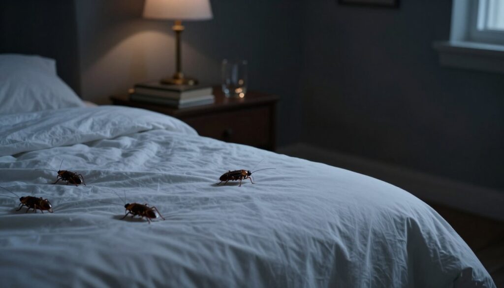 A darkened bedroom at night, dimly lit by a soft, ambient light from a bedside lamp. In the foreground, the edge of a neatly made bed is visible, featuring crisp white sheets and a plush, inviting comforter. Several cockroaches, depicted realistically, are crawling towards the bed, emphasizing their unsettling presence. The middle ground includes a bedside table cluttered with a few books and an empty glass, creating a sense of lived-in comfort contrasting with the disturbance of pests. In the background, shadows loom over the walls, enhancing the eerie atmosphere. The composition captures a tense mood, suggesting a hidden menace in the seemingly safe haven of the bedroom. No humans are depicted, maintaining a focus on the insects.