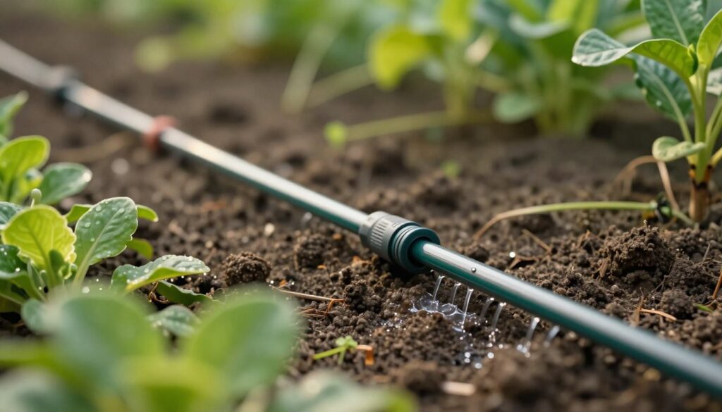 A detailed close-up of a drip irrigation line installed in a lush garden setting, showcasing two types of drip lines side by side: a pressure-compensating drip line on the left, characterized by uniform water distribution, and a non-compensating drip line on the right, demonstrating uneven water flow. The foreground emphasizes the texture of the soil and the vibrant green plants. In the middle, the drip lines are highlighted, glistening under soft sunlight, casting gentle shadows. The background features a blurred view of other garden elements, creating a sense of depth while keeping the focus on the drip lines. The atmosphere is peaceful, with warm natural lighting enhancing the scene, conveying the importance of proper irrigation for healthy plant growth. A detailed close-up of a drip irrigation line installed in a lush garden setting, showcasing two types of drip lines side by side: a pressure-compensating drip line on the left, characterized by uniform water distribution, and a non-compensating drip line on the right, demonstrating uneven water flow. The foreground emphasizes the texture of the soil and the vibrant green plants. In the middle, the drip lines are highlighted, glistening under soft sunlight, casting gentle shadows. The background features a blurred view of other garden elements, creating a sense of depth while keeping the focus on the drip lines. The atmosphere is peaceful, with warm natural lighting enhancing the scene, conveying the importance of proper irrigation for healthy plant growth.