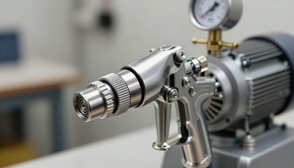 A detailed close-up of a paint spray nozzle connected to a high-performance paint sprayer, showcasing the intricate technical features and engineering design. In the foreground, the nozzle displays fine details such as the spray pattern adjustment dial and filter housing. The middle ground highlights the paint sprayer's pressure gauge and motor, emphasizing its robust build with metallic textures. The background features a blurred workshop setting, enhancing focus on the nozzle and sprayer while suggesting an industrial atmosphere. Soft, diffused lighting illuminates the scene, creating subtle reflections on metal surfaces. The angle captures the equipment at eye level, offering an engaging perspective for technical illustration. The mood is professional yet innovative, perfect for conveying the complexities of spray technology. A detailed close-up of a paint spray nozzle connected to a high-performance paint sprayer, showcasing the intricate technical features and engineering design. In the foreground, the nozzle displays fine details such as the spray pattern adjustment dial and filter housing. The middle ground highlights the paint sprayer's pressure gauge and motor, emphasizing its robust build with metallic textures. The background features a blurred workshop setting, enhancing focus on the nozzle and sprayer while suggesting an industrial atmosphere. Soft, diffused lighting illuminates the scene, creating subtle reflections on metal surfaces. The angle captures the equipment at eye level, offering an engaging perspective for technical illustration. The mood is professional yet innovative, perfect for conveying the complexities of spray technology.