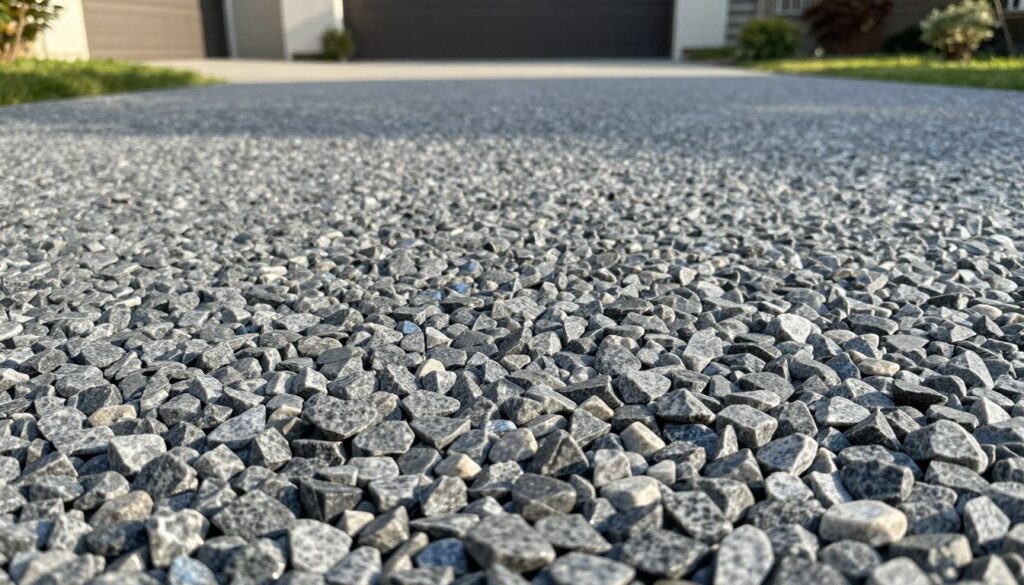 A detailed close-up of granit aggregate, showcasing a blend of small, rugged granite stones in varying shades of gray, black, and subtle hints of blue. In the foreground, emphasize the texture of the stones, with sunlight casting soft shadows that highlight their angular shapes and surfaces. In the middle ground, present a well-maintained driveway or path surfaced with the granit aggregate, demonstrating its smooth yet durable nature. In the background, include a faint outline of a modern home and landscaped garden, giving context to the setting. Use natural, warm lighting to create an inviting atmosphere, and capture the scene from a low-angle perspective to emphasize the granit aggregate's texture and the aesthetic appeal of the driveway. The overall mood should evoke a sense of practicality and elegance. A detailed close-up of granit aggregate, showcasing a blend of small, rugged granite stones in varying shades of gray, black, and subtle hints of blue. In the foreground, emphasize the texture of the stones, with sunlight casting soft shadows that highlight their angular shapes and surfaces. In the middle ground, present a well-maintained driveway or path surfaced with the granit aggregate, demonstrating its smooth yet durable nature. In the background, include a faint outline of a modern home and landscaped garden, giving context to the setting. Use natural, warm lighting to create an inviting atmosphere, and capture the scene from a low-angle perspective to emphasize the granit aggregate's texture and the aesthetic appeal of the driveway. The overall mood should evoke a sense of practicality and elegance.