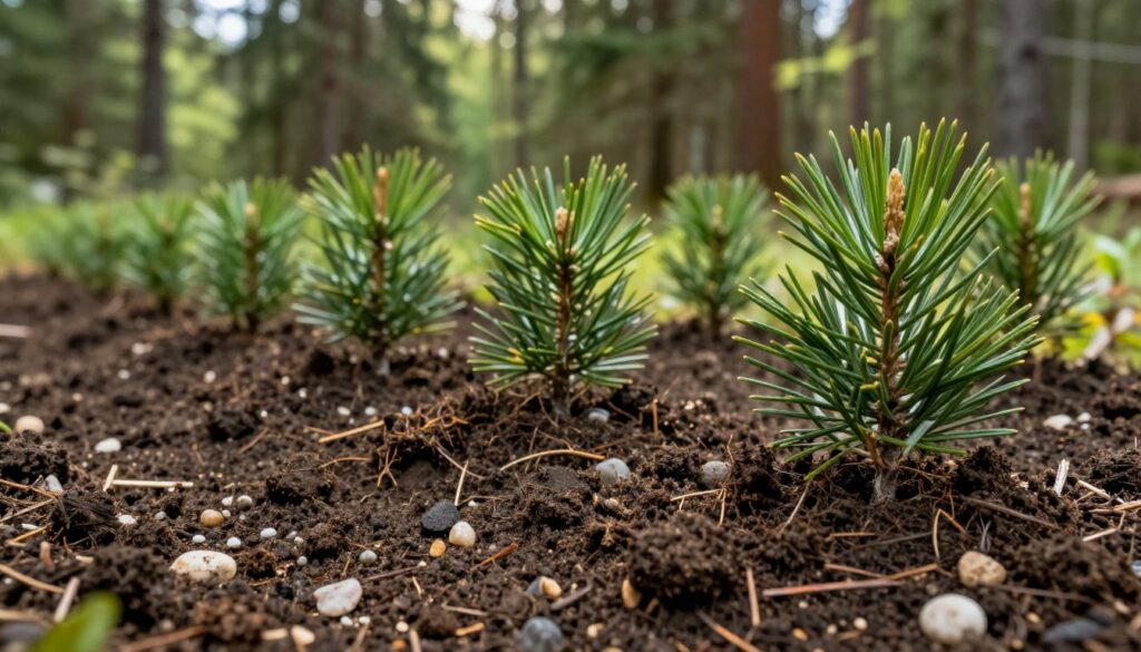 A detailed close-up of rich, healthy soil specifically designed for conifer seedlings. In the foreground, display a mixture of dark, crumbly earth interspersed with small pebbles and bits of bark, symbolizing the ideal substrate for needle-leaved trees. The middle ground features small pine and spruce saplings emerging from the soil, their vibrant green needles standing out against the dark earth. In the background, a sun-drenched forest scene, with blurred outlines of mature conifer trees creating a serene, natural atmosphere. Use soft, natural lighting to enhance the earthy tones, with a shallow depth of field focusing on the soil and saplings. The overall mood should convey nurturing and growth, ideal for emphasizing the importance of soil preparation. A detailed close-up of rich, healthy soil specifically designed for conifer seedlings. In the foreground, display a mixture of dark, crumbly earth interspersed with small pebbles and bits of bark, symbolizing the ideal substrate for needle-leaved trees. The middle ground features small pine and spruce saplings emerging from the soil, their vibrant green needles standing out against the dark earth. In the background, a sun-drenched forest scene, with blurred outlines of mature conifer trees creating a serene, natural atmosphere. Use soft, natural lighting to enhance the earthy tones, with a shallow depth of field focusing on the soil and saplings. The overall mood should convey nurturing and growth, ideal for emphasizing the importance of soil preparation.