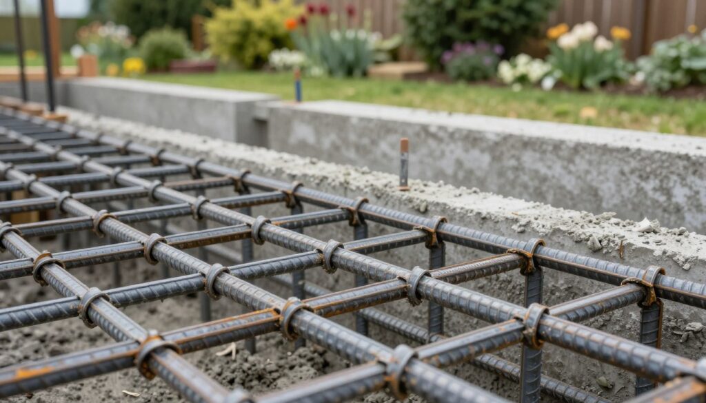 A detailed close-up view of a reinforced foundation for a garden fence. In the foreground, prominently feature robust steel rebar arranged in a precise grid pattern, showcasing their interlocking connections. In the middle ground, visible concrete forms are being filled, displaying both the texture of the wet concrete and the structural integrity of the setup. The background includes a serene garden landscape, with lush greenery and blooming flowers, suggesting stability and harmony. Soft, natural lighting filters through the scene, creating a calm yet professional atmosphere. Capture the image from a slightly elevated angle to highlight the depth and layers of the construction process, ensuring a meticulous and technical representation of foundation reinforcement for lasting stability. A detailed close-up view of a reinforced foundation for a garden fence. In the foreground, prominently feature robust steel rebar arranged in a precise grid pattern, showcasing their interlocking connections. In the middle ground, visible concrete forms are being filled, displaying both the texture of the wet concrete and the structural integrity of the setup. The background includes a serene garden landscape, with lush greenery and blooming flowers, suggesting stability and harmony. Soft, natural lighting filters through the scene, creating a calm yet professional atmosphere. Capture the image from a slightly elevated angle to highlight the depth and layers of the construction process, ensuring a meticulous and technical representation of foundation reinforcement for lasting stability.