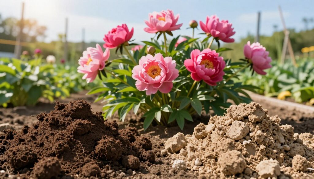 A detailed comparison of cow manure and horse manure spread side by side in an organic garden setting. In the foreground, showcase mounds of rich, dark cow manure on the left, and light, crumbly horse manure on the right, with visible texture differences. In the middle ground, illustrate healthy peonies thriving in lush soil, emphasizing the vibrant pink blooms and green foliage, symbolizing strong flowering supported by organic fertilizers. In the background, a bright sunny sky casts warm natural light, enhancing the colors of the scene. Use a shallow depth of field to focus on the manure and peonies while softly blurring the background. The atmosphere should be lively and productive, conveying the essence of gardening and sustainability. A detailed comparison of cow manure and horse manure spread side by side in an organic garden setting. In the foreground, showcase mounds of rich, dark cow manure on the left, and light, crumbly horse manure on the right, with visible texture differences. In the middle ground, illustrate healthy peonies thriving in lush soil, emphasizing the vibrant pink blooms and green foliage, symbolizing strong flowering supported by organic fertilizers. In the background, a bright sunny sky casts warm natural light, enhancing the colors of the scene. Use a shallow depth of field to focus on the manure and peonies while softly blurring the background. The atmosphere should be lively and productive, conveying the essence of gardening and sustainability.