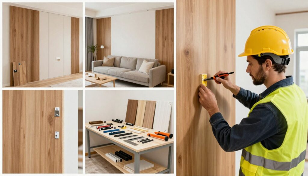 A detailed comparison of wall panel mounting methods, featuring a split view of three distinct techniques. In the foreground, a professional carpenter demonstrates a modern installation technique with precise tools and materials, wearing a safety vest and hard hat. The middle ground showcases a well-lit workshop with an assortment of panel types and mounting hardware, arranged neatly on a workbench. In the background, a cozy living space is visible, displaying finished wall paneling that merges modern aesthetics with traditional wood finishes. The atmosphere conveys a sense of craftsmanship and innovation, with bright, even lighting highlighting the textures of the wood. The camera angle is slightly elevated to encompass both the artisan at work and the finished project, emphasizing the practical application of the techniques being compared. A detailed comparison of wall panel mounting methods, featuring a split view of three distinct techniques. In the foreground, a professional carpenter demonstrates a modern installation technique with precise tools and materials, wearing a safety vest and hard hat. The middle ground showcases a well-lit workshop with an assortment of panel types and mounting hardware, arranged neatly on a workbench. In the background, a cozy living space is visible, displaying finished wall paneling that merges modern aesthetics with traditional wood finishes. The atmosphere conveys a sense of craftsmanship and innovation, with bright, even lighting highlighting the textures of the wood. The camera angle is slightly elevated to encompass both the artisan at work and the finished project, emphasizing the practical application of the techniques being compared.