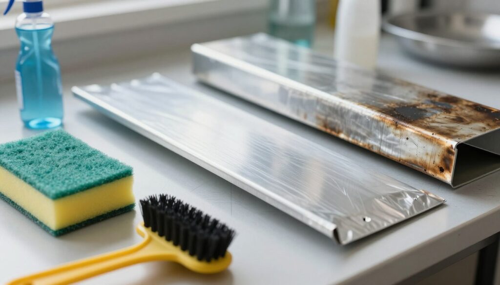 A detailed composition showcasing common mistakes in aluminum care. In the foreground, display various cleaning tools (like abrasive sponges, acidic cleaners, and harsh brushes) improperly used on aluminum surfaces, with scratches and dullness visible. In the middle ground, illustrate a split image: one side shows a shiny aluminum piece treated correctly, while the other reveals an oxidized, damaged surface. The background includes subtle hints of a clean, organized workshop, with soft natural lighting illuminating the scene. The overall mood should convey caution and learning, emphasizing the importance of proper aluminum maintenance. Use a slight tilt-shift effect to focus on the foreground while maintaining clarity in the background. A detailed composition showcasing common mistakes in aluminum care. In the foreground, display various cleaning tools (like abrasive sponges, acidic cleaners, and harsh brushes) improperly used on aluminum surfaces, with scratches and dullness visible. In the middle ground, illustrate a split image: one side shows a shiny aluminum piece treated correctly, while the other reveals an oxidized, damaged surface. The background includes subtle hints of a clean, organized workshop, with soft natural lighting illuminating the scene. The overall mood should convey caution and learning, emphasizing the importance of proper aluminum maintenance. Use a slight tilt-shift effect to focus on the foreground while maintaining clarity in the background.