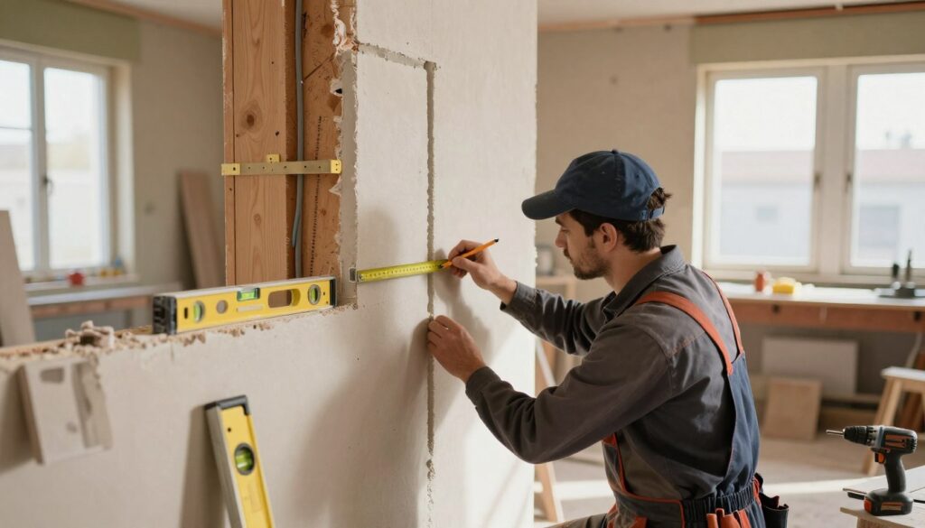 A detailed construction scene showing the preparation of a wall for the installation of concealed plumbing elements. In the foreground, a skilled technician in professional attire measures and marks the wall with a pencil, surrounded by tools like a level, measuring tape, and a power drill. In the middle ground, there are cutouts and brackets installed into the drywall, with neat cable management visible. The background features a well-lit workshop with open windows allowing natural light to illuminate the space, casting soft shadows. The atmosphere is focused and industrious, capturing the essence of a meticulous installation process, emphasizing the importance of preparation. The overall color palette is warm, with earthy tones from the wood and plaster, enhancing a professional feel. A detailed construction scene showing the preparation of a wall for the installation of concealed plumbing elements. In the foreground, a skilled technician in professional attire measures and marks the wall with a pencil, surrounded by tools like a level, measuring tape, and a power drill. In the middle ground, there are cutouts and brackets installed into the drywall, with neat cable management visible. The background features a well-lit workshop with open windows allowing natural light to illuminate the space, casting soft shadows. The atmosphere is focused and industrious, capturing the essence of a meticulous installation process, emphasizing the importance of preparation. The overall color palette is warm, with earthy tones from the wood and plaster, enhancing a professional feel.