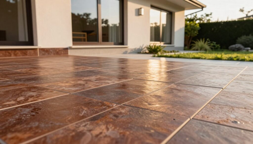 A detailed exterior view of a modern home showcasing a clinker tile plinth (cokół elewacji) at its base. The foreground features the textured clinker tiles, displaying a rich blend of earth tones and a glossy finish, emphasizing their durability and aesthetic appeal. In the middle ground, the home's elegant facade is visible, with large windows reflecting the soft sunlight, highlighting the contrast between the dark tiles and the lighter wall color. The background consists of a lush garden, adding greenery and life to the scene. The image is well-lit with golden hour sunlight, casting warm shadows and creating an inviting atmosphere. The perspective is slightly low-angle, emphasizing the solidity and charm of the clinker tiles as a lasting choice for home exteriors. A detailed exterior view of a modern home showcasing a clinker tile plinth (cokół elewacji) at its base. The foreground features the textured clinker tiles, displaying a rich blend of earth tones and a glossy finish, emphasizing their durability and aesthetic appeal. In the middle ground, the home's elegant facade is visible, with large windows reflecting the soft sunlight, highlighting the contrast between the dark tiles and the lighter wall color. The background consists of a lush garden, adding greenery and life to the scene. The image is well-lit with golden hour sunlight, casting warm shadows and creating an inviting atmosphere. The perspective is slightly low-angle, emphasizing the solidity and charm of the clinker tiles as a lasting choice for home exteriors.