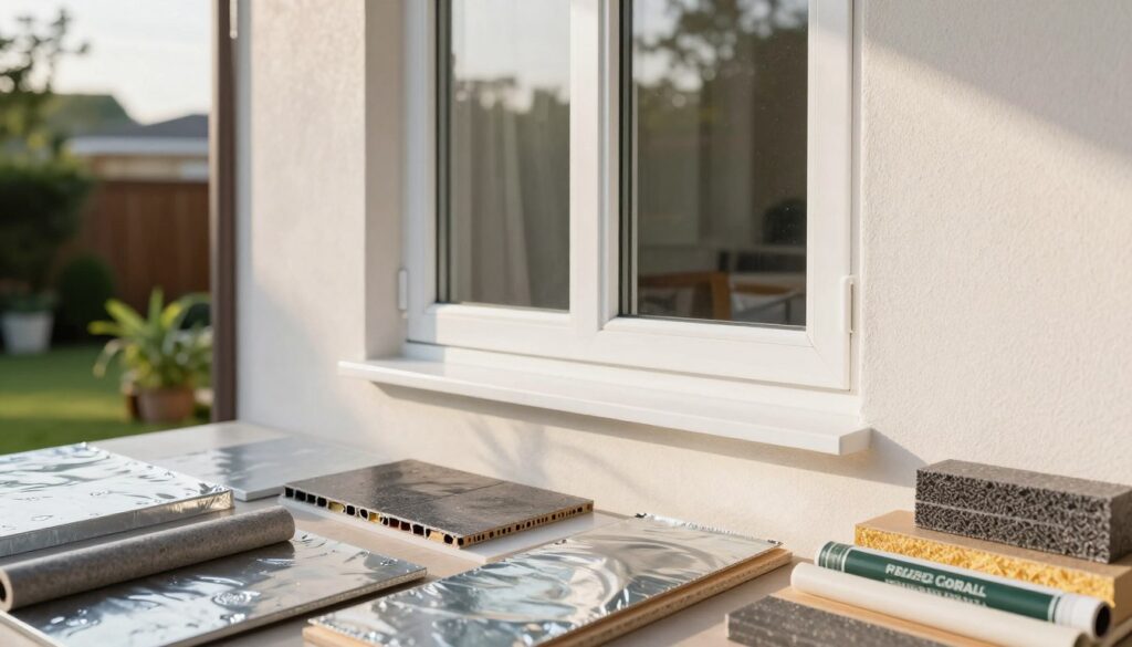A detailed exterior view of a well-designed window with various materials showcased around it, emphasizing solutions for protecting a facade from moisture. In the foreground, display close-up textures of different materials such as metal flashing, waterproof sealants, and insulation panels arranged neatly. The middle ground features the window itself, framed by a modern wall, with bright, diffused afternoon sunlight creating a warm and inviting atmosphere. In the background, a partially blurred garden scene adds a touch of greenery, enhancing the feeling of a well-maintained exterior. The mood is professional and informative, capturing the essence of home improvement and moisture protection techniques. Use a slightly elevated angle to create depth and focus on the product details. A detailed exterior view of a well-designed window with various materials showcased around it, emphasizing solutions for protecting a facade from moisture. In the foreground, display close-up textures of different materials such as metal flashing, waterproof sealants, and insulation panels arranged neatly. The middle ground features the window itself, framed by a modern wall, with bright, diffused afternoon sunlight creating a warm and inviting atmosphere. In the background, a partially blurred garden scene adds a touch of greenery, enhancing the feeling of a well-maintained exterior. The mood is professional and informative, capturing the essence of home improvement and moisture protection techniques. Use a slightly elevated angle to create depth and focus on the product details.
