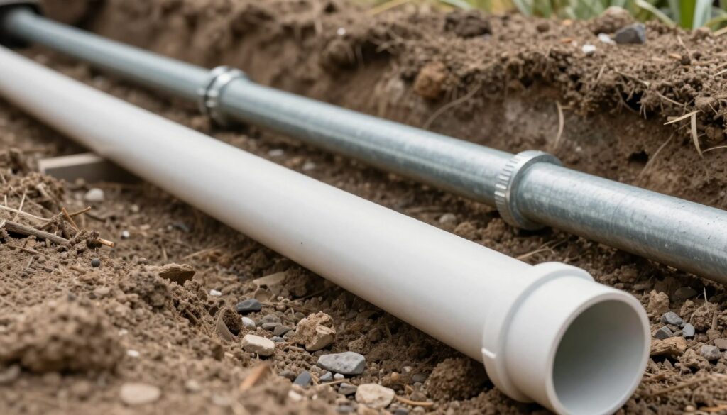 A detailed illustration of "rury instalacji" located in a trench, showcasing various types of pipes made from different materials suitable for underground water installation. In the foreground, highlight a sturdy PVC pipe featuring its smooth surface and vibrant color. In the middle ground, display metal and polyethylene pipes, emphasizing their distinct textures and jointing systems. The background should feature a neatly dug trench with soil and gravel, capturing the realistic environment of an installation site. Natural daylight filters into the scene, creating a professional and informative ambiance, with a slight depth of field to draw attention to the pipes. Overall, the image should embody durability and reliability, reflecting the modern techniques used in ground water installations.