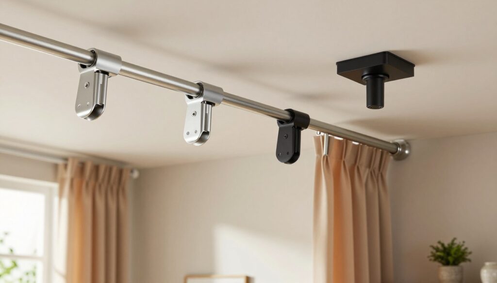 A detailed image of ceiling curtain rod brackets, also known as "wsporniki karnisza," installed securely on a smooth, modern ceiling. In the foreground, several metallic brackets are showcased in polished steel and matte black finishes, emphasizing their sturdy design. In the middle, the brackets connect seamlessly with an elegant curtain rod, adorned with stylish drapes in a warm, inviting color palette. The background features a softly lit room with neutral-colored walls and subtle decorative elements like potted plants, creating a cozy atmosphere. Natural light filters through a nearby window, casting gentle shadows, and enhancing the stability and aesthetic appeal of the installation. The overall mood conveys professionalism and craftsmanship. A detailed image of ceiling curtain rod brackets, also known as "wsporniki karnisza," installed securely on a smooth, modern ceiling. In the foreground, several metallic brackets are showcased in polished steel and matte black finishes, emphasizing their sturdy design. In the middle, the brackets connect seamlessly with an elegant curtain rod, adorned with stylish drapes in a warm, inviting color palette. The background features a softly lit room with neutral-colored walls and subtle decorative elements like potted plants, creating a cozy atmosphere. Natural light filters through a nearby window, casting gentle shadows, and enhancing the stability and aesthetic appeal of the installation. The overall mood conveys professionalism and craftsmanship.