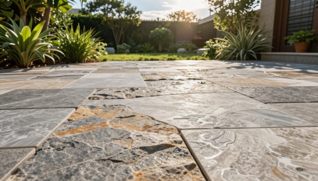 A detailed image showcasing the durability of natural stone and porcelain tiles, perfect for depicting a robust garden flooring solution. In the foreground, vivid textures of rugged stone and polished porcelain tiles are prominently displayed, highlighting their distinct patterns and colors. The middle ground features an elegant garden setting with lush greenery, emphasizing the tiles' resilience to moisture. In the background, a bright, sunny sky casts warm light over the scene, creating a serene atmosphere. The image should be captured from a low angle to accentuate the details of the surfaces, while soft shadows enhance the textures. The overall mood conveys strength and beauty, illustrating the practical yet aesthetic appeal of these materials in outdoor environments.