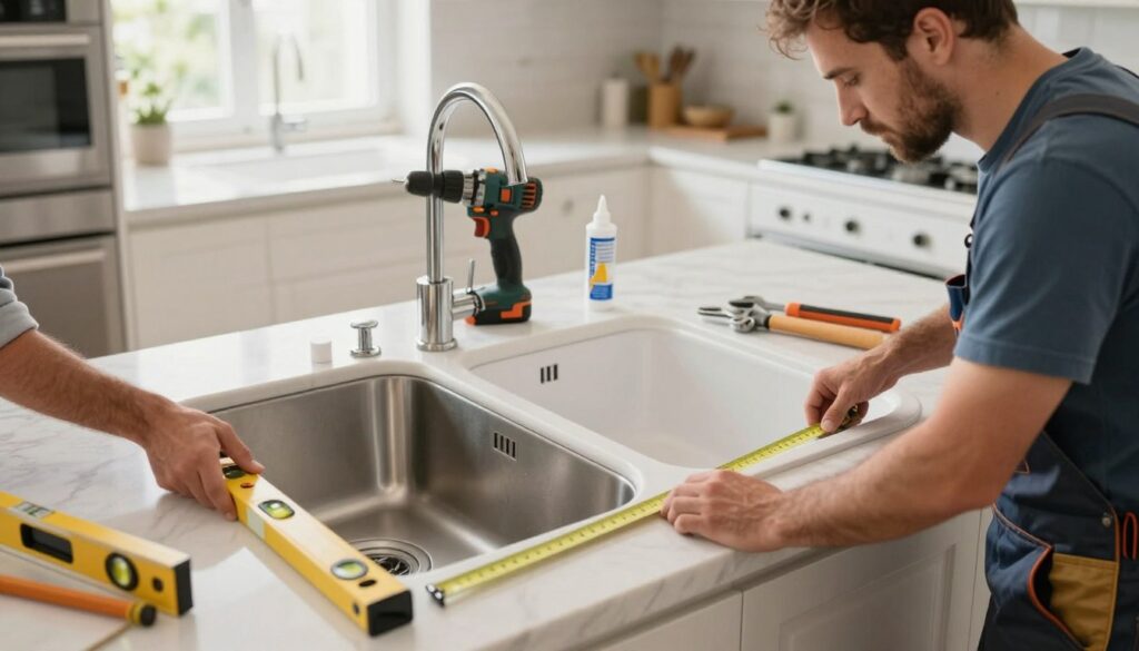 A detailed kitchen scene showcasing a side-by-side comparison of an undermount sink installation on one side, and a drop-in sink on the other. The foreground features a skilled contractor in professional attire, actively measuring and adjusting the undermount sink with a level. In the middle ground, the drop-in sink sits prominently, surrounded by various tools like a drill, wrench, and silicone sealant. The background displays a modern kitchen with elegant cabinetry, a bright window letting in natural light, and a subtle hint of stainless steel appliances. The atmosphere is professional and organized, emphasizing clarity and precision in sink installation. The image should capture the contrast in mounting techniques with a warm, inviting feel. A detailed kitchen scene showcasing a side-by-side comparison of an undermount sink installation on one side, and a drop-in sink on the other. The foreground features a skilled contractor in professional attire, actively measuring and adjusting the undermount sink with a level. In the middle ground, the drop-in sink sits prominently, surrounded by various tools like a drill, wrench, and silicone sealant. The background displays a modern kitchen with elegant cabinetry, a bright window letting in natural light, and a subtle hint of stainless steel appliances. The atmosphere is professional and organized, emphasizing clarity and precision in sink installation. The image should capture the contrast in mounting techniques with a warm, inviting feel.